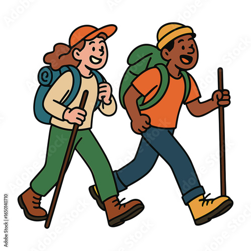 Colorful cartoon hikers trekking vector
