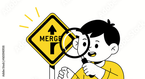 Boy Exploring Road Sign Details With Magnifying Glass Education and Guidance