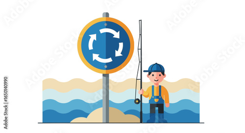 Boy Fishing Near Roundabout Sign In Flat Design Illustration In Beach