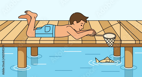 Boy Lying On Wooden Pier Fishing With Net During Summer Vacation