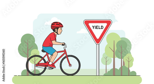Boy On Bicycle Wearing Helmet Near Yield Sign In The Park Illustration