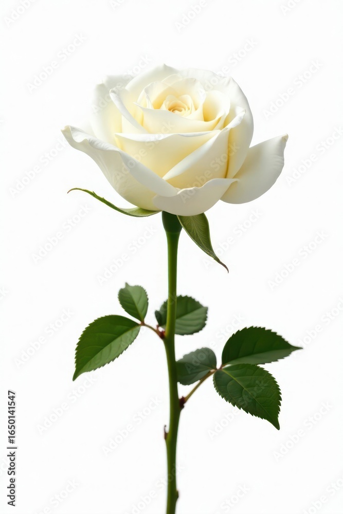 Fototapeta premium Close-up of solitary white rose, perfect detail, against seamless white, beauty, romantic, innocence