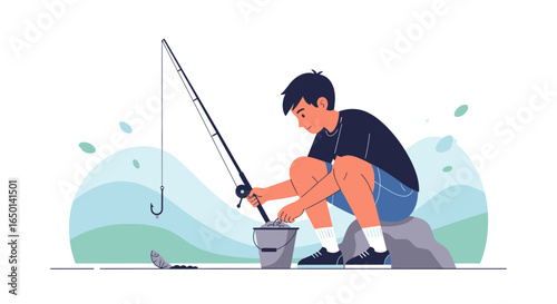 Boy Preparing Bait For Fishing Trip In Nature With Rod And Bucket On Riverbank