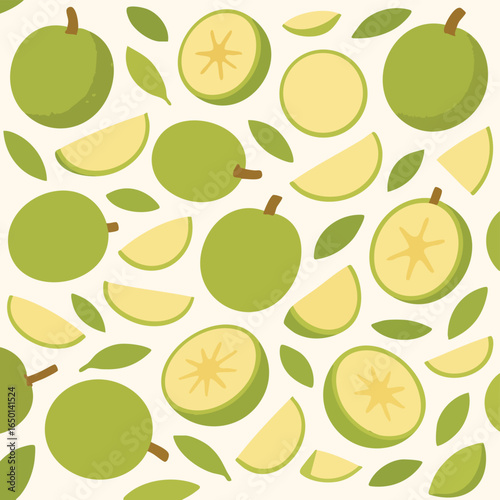 Seamless Green Citrus Fruit and Leaves Pattern.