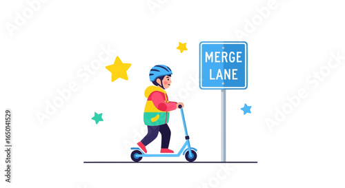 Boy Riding A Scooter In Urban Setting Near Merge Lane Traffic Sign
