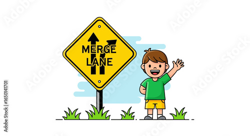 Boy Waving Near A Merge Lane Road Sign Cartoon Illustration Design