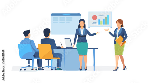 Business meeting with two attendees and two presenters in a modern office environment setting scene