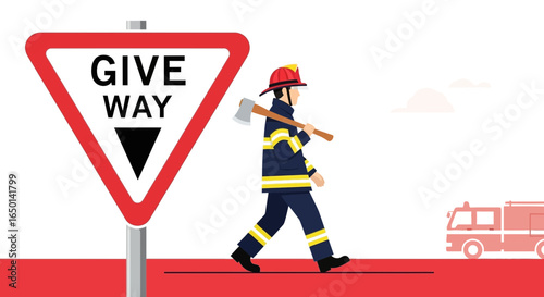 Brave Firefighter Walks Beside The Road Safety Sign Prepared For Action