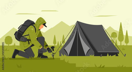 Camper Setting Up Tent During Outdoor Adventure In Nature Landscape Scene