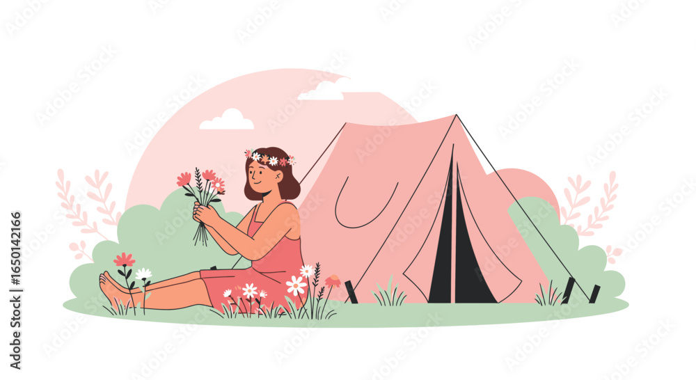 Fototapeta premium Camping With Nature A Young Woman Enjoying Outdoors And Relaxing In The Tent