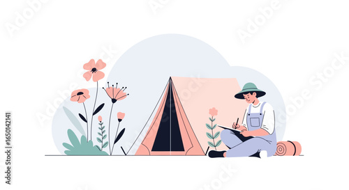 Camping Trip: Enjoying Nature While Jotting Down Thoughts In A Floral Meadow