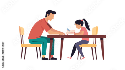 Father assisting daughter with homework at table with books and pen in a bright and spacious setting
