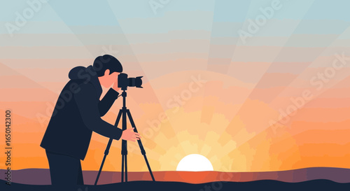 Capturing The Golden Hour Photographer Silhouette Against Majestic Sunset Vector Illustration