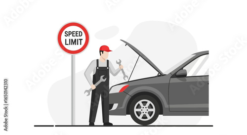 Car Mechanic Repairing Vehicle With Speed Limit Sign In Background Vector