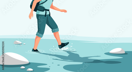 Carefree Adventure Depicts Traveler Crossing Water With Joyful Splash