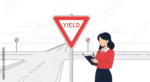 Careful Observer Inspecting Yield Sign On Roadside During Traffic Management