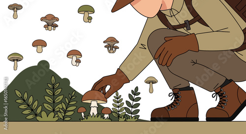 Cartoon Character Mushroom Foraging In The Forest For Boletus And Other Fungi