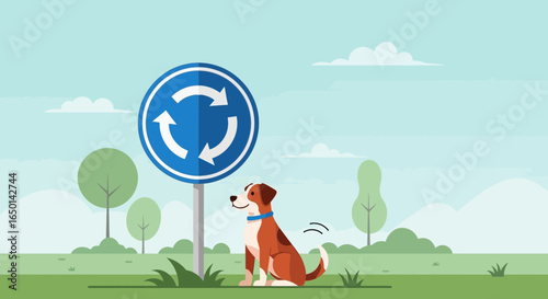 Cartoon Dog Sitting Near A Roundabout Sign Surrounded By Green Nature
