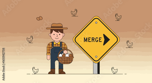Cartoon Farmer Carrying Eggs Near Merge Traffic Sign In Countryside Scene