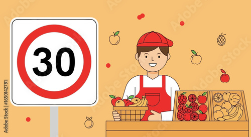 Cartoon Fruit Vendor Near A Speed Limit Sign With Fresh Seasonal Produce