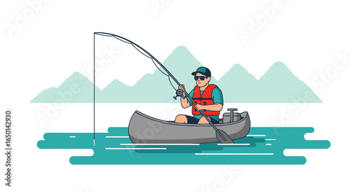 Cartoon Man Fishing From a Canoe on the Lake Wearing a Life Vest