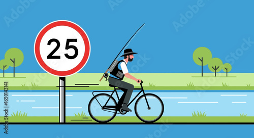 Catching Fish Illustration Shows The Joyful Pursuit of Fishing Adventures on a Bicycle
