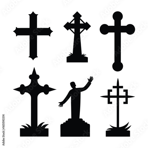 Set of black silhouette icons with various religious crosses and gravestone symbols
