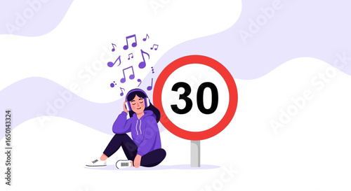 Charming Thirties Age: Woman Enjoying Music Near a Round Sign with Number Thirty