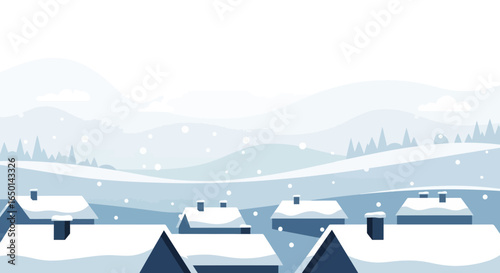 Charming Snowy Village Landscape With Mountain Backdrop And Falling Snowflakes