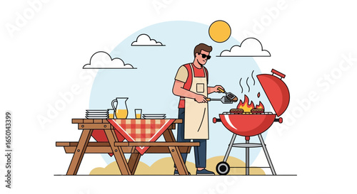 Cheerful Barbecue In Sunny Weather Preparing Delicious Burgers And Grill Party