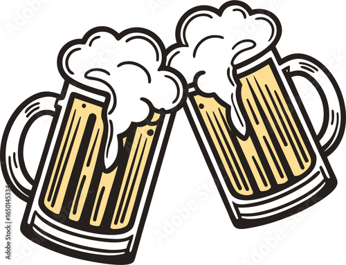 Cheers to Good Times: Two frothy mugs of beer clink in a gesture of celebration, conveying the joy of friendship and revelry.