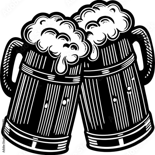 Cheers to Celebration: Two overflowing beer mugs clinking together, an emblem of convivial spirit, embodying the essence of joyous gatherings and the shared pleasure of a refreshing drink.