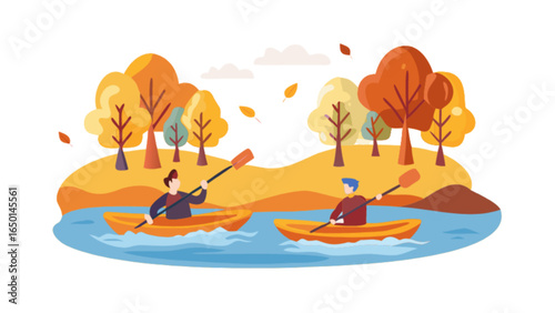 Two people kayaking on a river surrounded by autumn trees and falling leaves in a scenic landscape