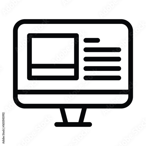 A black line drawing of a computer monitor displaying a layout with image placeholder and text lines, line icon. Editable stroke