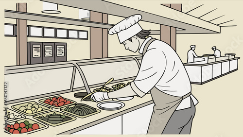 Chef prepares food at a buffet line with tomatoes, pickles, and other items in serving dishes area