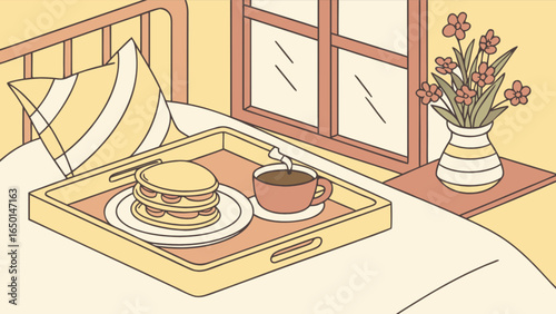 Breakfast in bed with pancakes and coffee next to a window and flowers in a vase on a bedside table