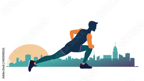 Silhouette of a man stretching in front of a city skyline with an orange sun in the background
