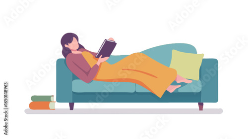 Illustration of a woman relaxing on a couch while reading a book with other books nearby on the floor