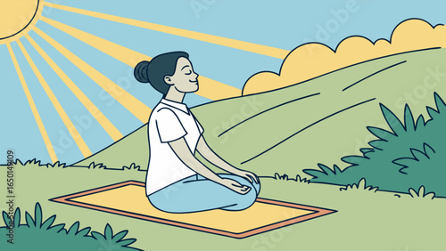 A woman meditating on a mat outdoors with sun shining and green hills in the background on a clear day