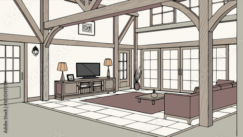 Illustration of a living room with wooden beams tv cabinet and large sliding glass doors and a couch