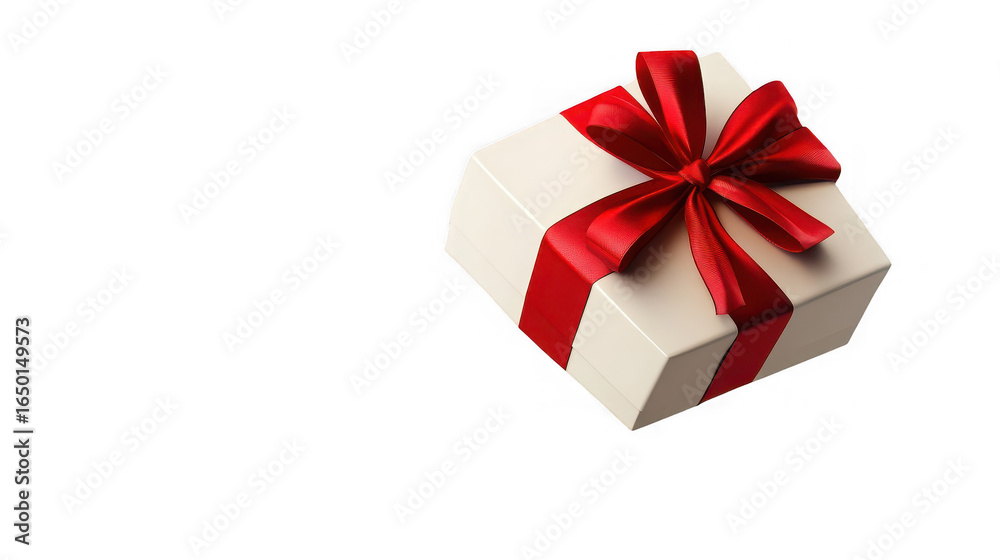 Obraz premium Cream gift box with red satin ribbon bow for celebration on transparent background