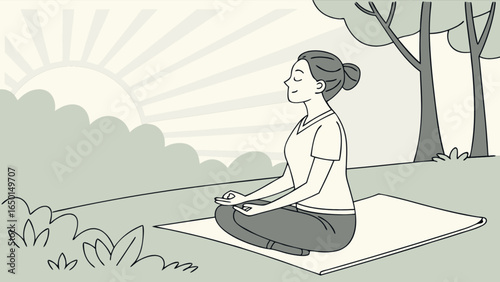 Illustration of a woman meditating in a park with trees sun and clouds in the background scene