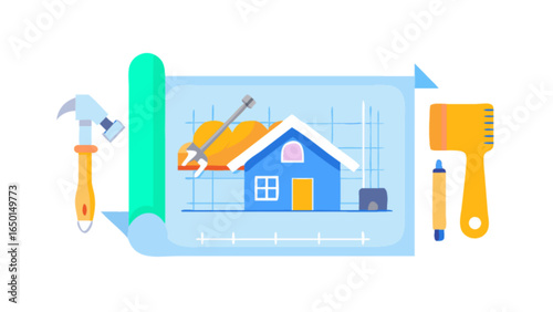 Illustration of a house blueprint with tools like a hammer, wrench, brush, and marker on a light background