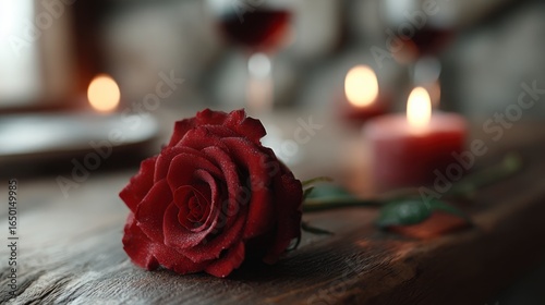 A single red rose with dew drops lies on a wooden table next to lit candles and wine glasses