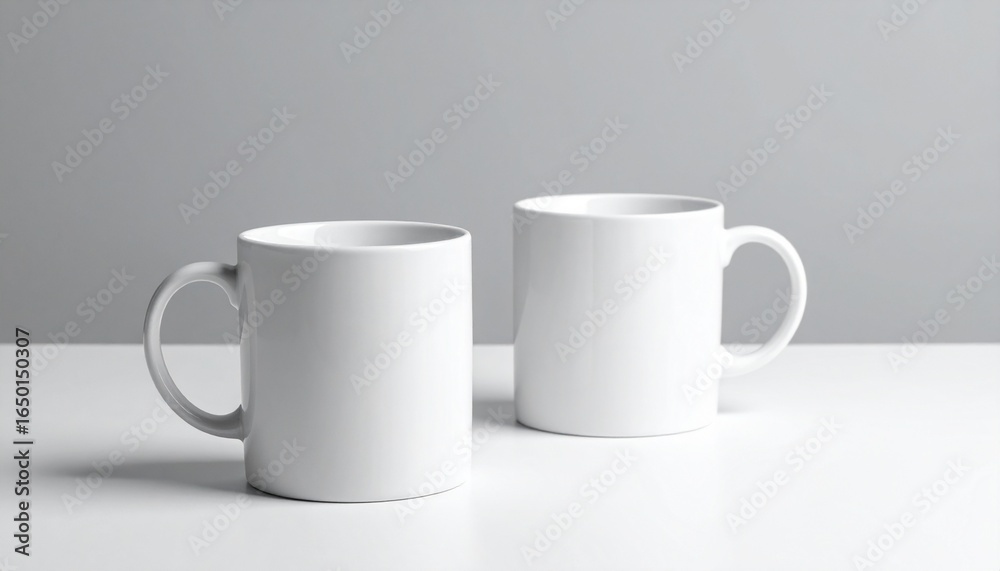 Obraz premium 小さなセラミックカップ2個が、グレーからホワイトに変化するニュートラルなマットグラデーション背景に配置されています。