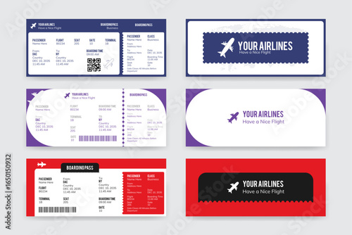 Boarding Pass Invitation For Airplane, Bundle of Airline Boarding Pass Design Template. Minimalist Flight Ticket Bundle