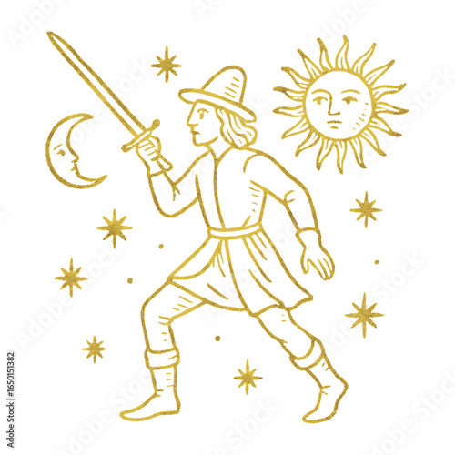 Whimsical celestial medieval swordplay vector