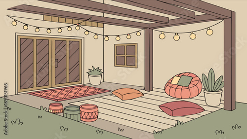 Illustration of a cozy outdoor patio with string lights, cushions and plants in a backyard setting
