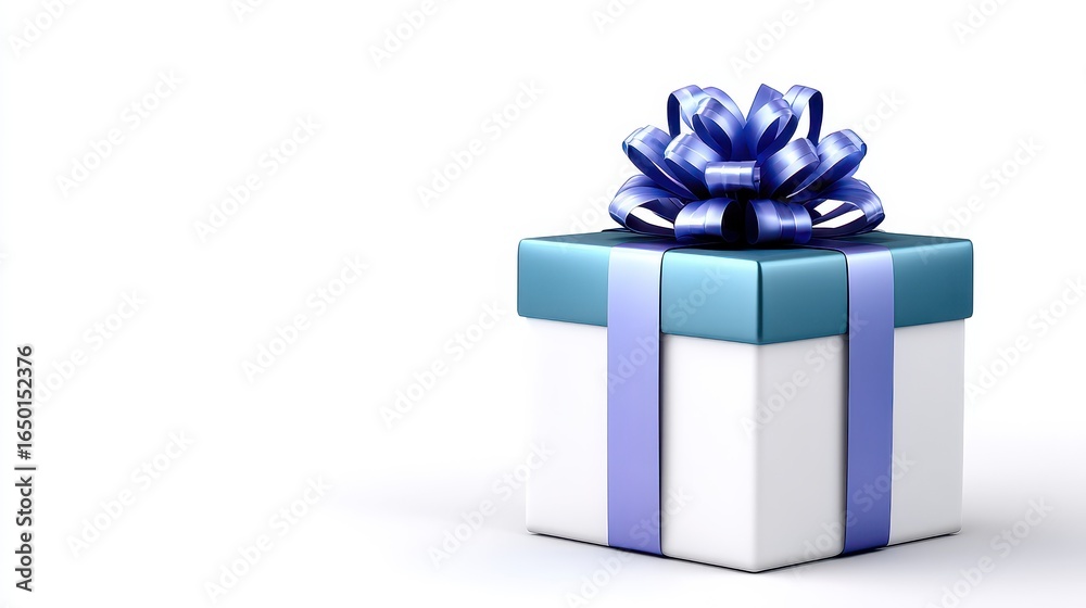 Obraz premium Elegant gift box with a blue ribbon and bow on a clean, white background.