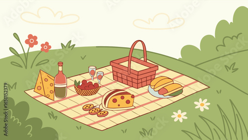 Illustration of a picnic scene with a blanket, basket, food, and drinks on a grassy field area